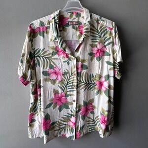 Jamaica Bay Women's Tropical Hibiscus Leaf Print Button Up Shirt 3X Rayon